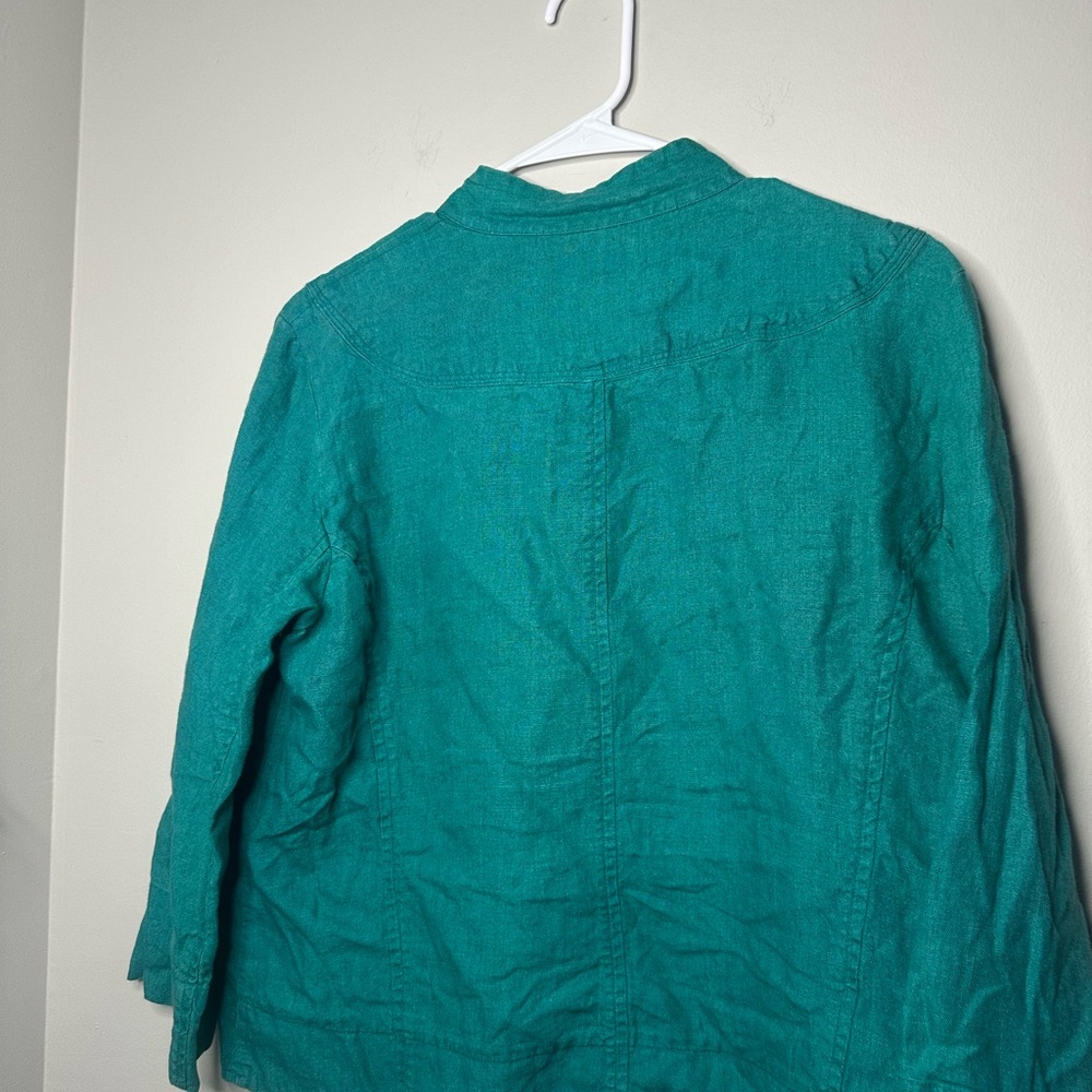 Chicos Women’s 100% Delave Linen Sibley Jade Color Button Down 3/4 Sleeve Jacket - Picture 6 of 6